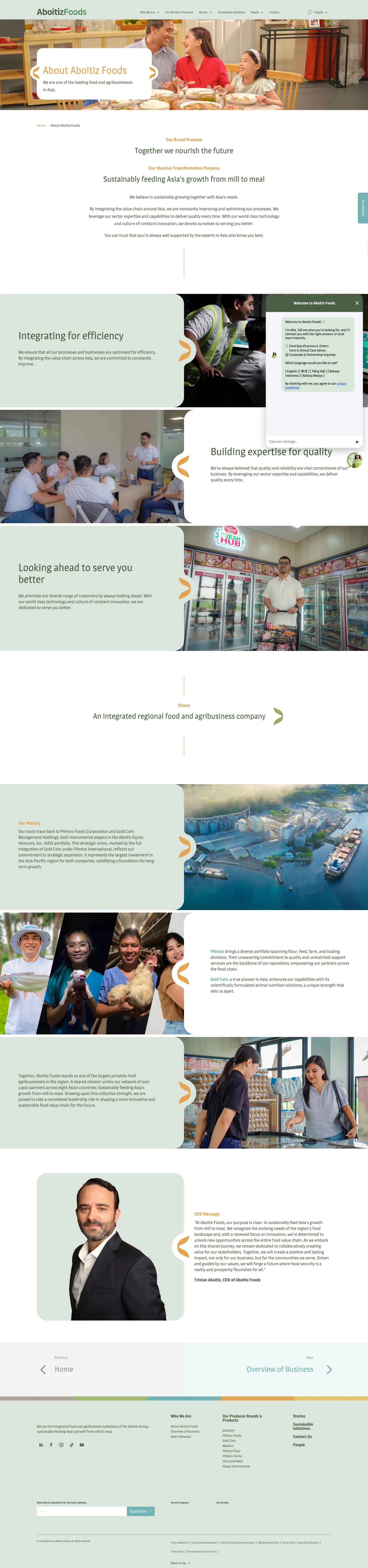 Full About Aboitiz Foods page: brand promise, purpose, values, vision, history, Pilmico and Gold Coin, and the CEO message