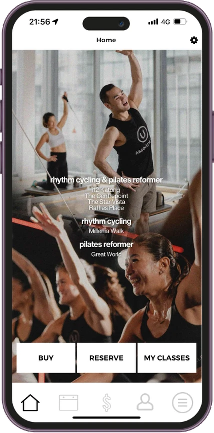 Current home screen: a photo with locations and three plain buttons, Buy, Reserve and My Classes
