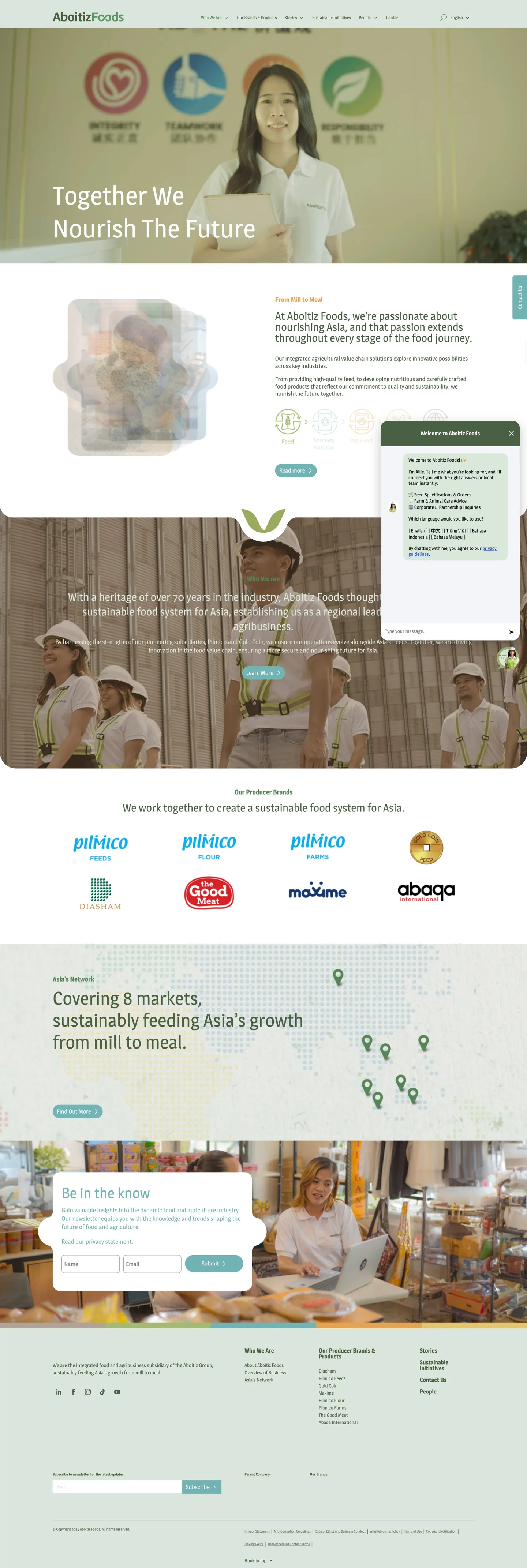Full Aboitiz Foods homepage: Together We Nourish The Future hero, From Mill to Meal, Who We Are, producer brands, Asia's network, newsletter and footer