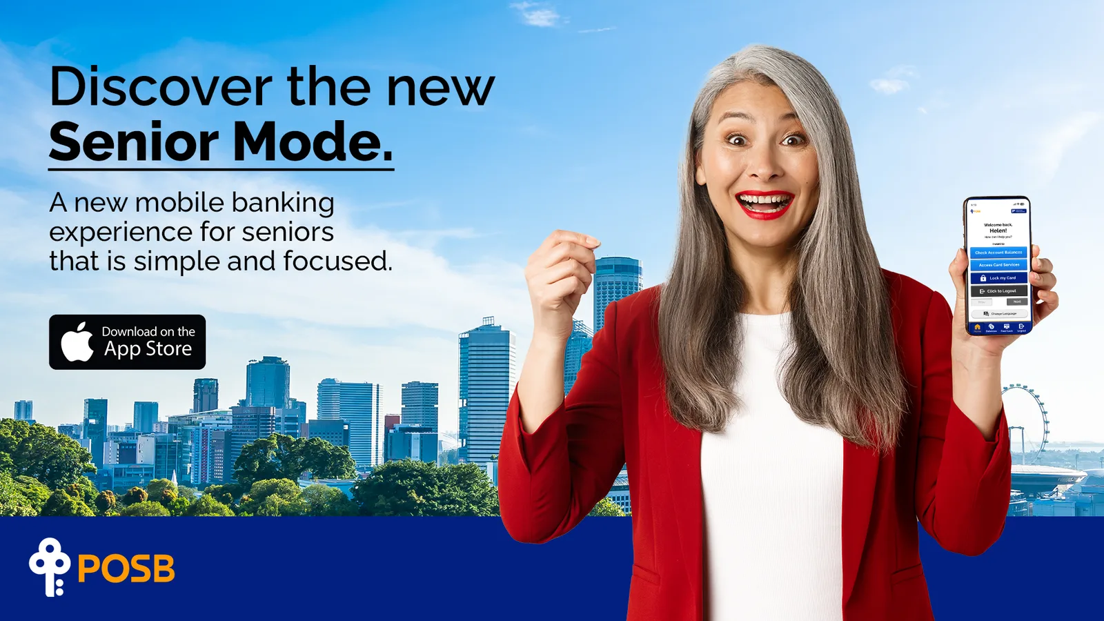 Launch ad: a smiling senior woman holds up her phone showing Senior Mode. Headline: Discover the new Senior Mode. A new mobile banking experience for seniors that is simple and focused.