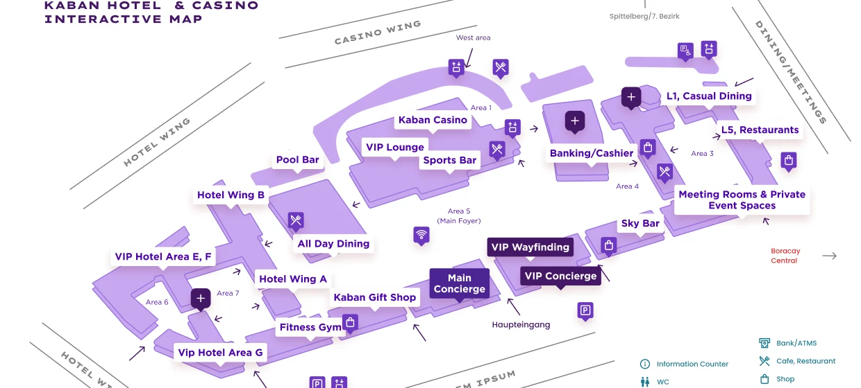 Interactive resort map showing hotel wings, casino, bars, restaurants, concierge and amenity icons