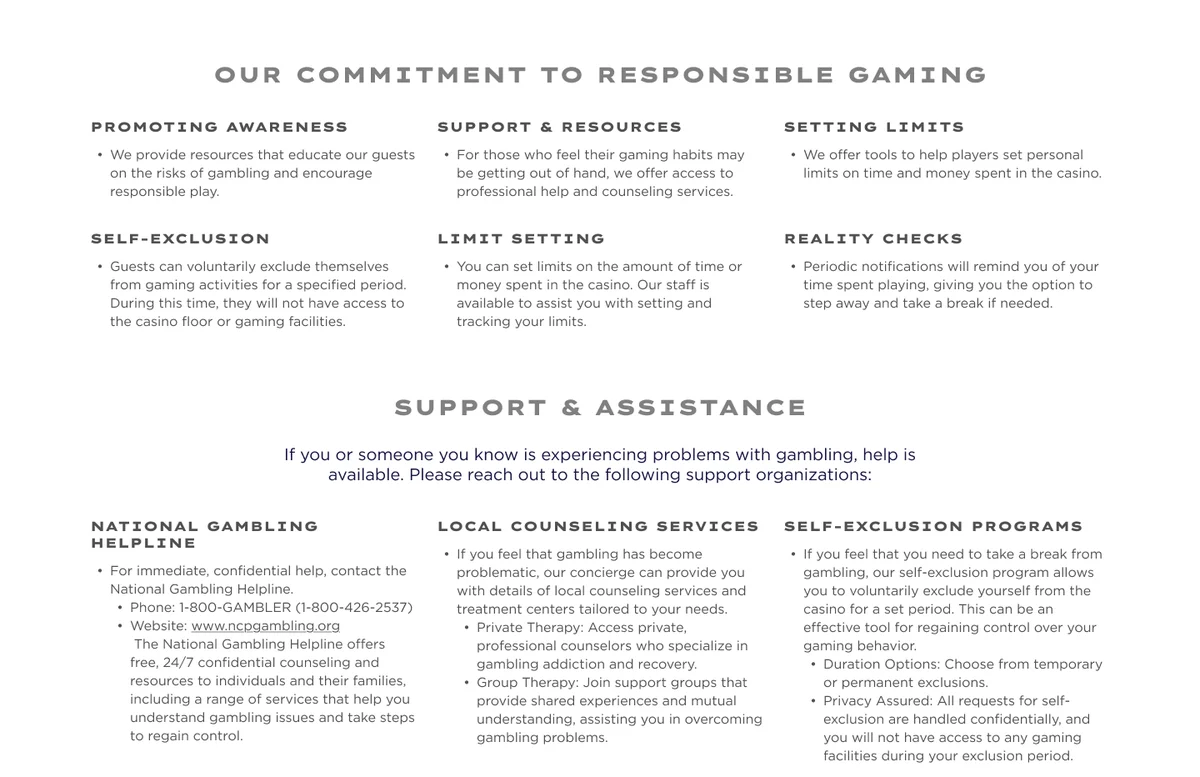 Responsible Gaming page: awareness, support, limits, self-exclusion, limit setting and reality checks