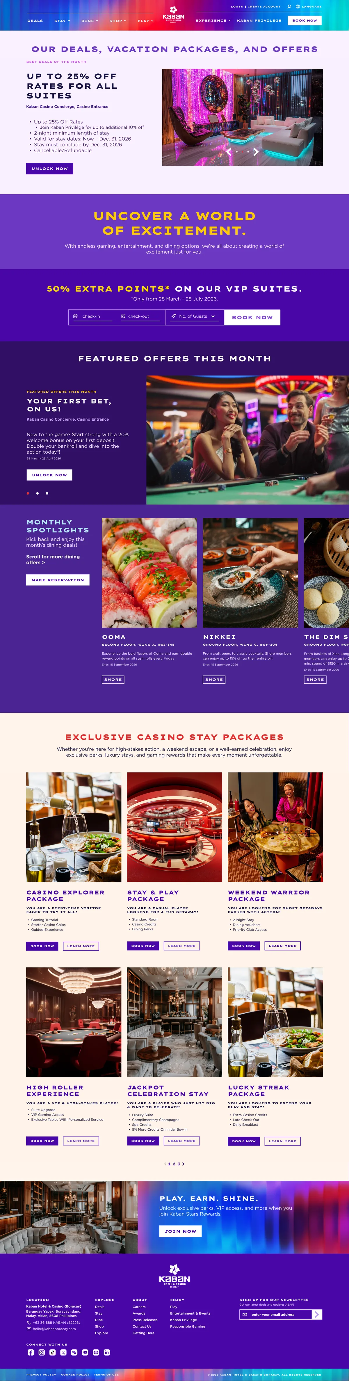Deals page with best deal of the month, booking bar, featured offers, monthly dining spotlights and stay packages