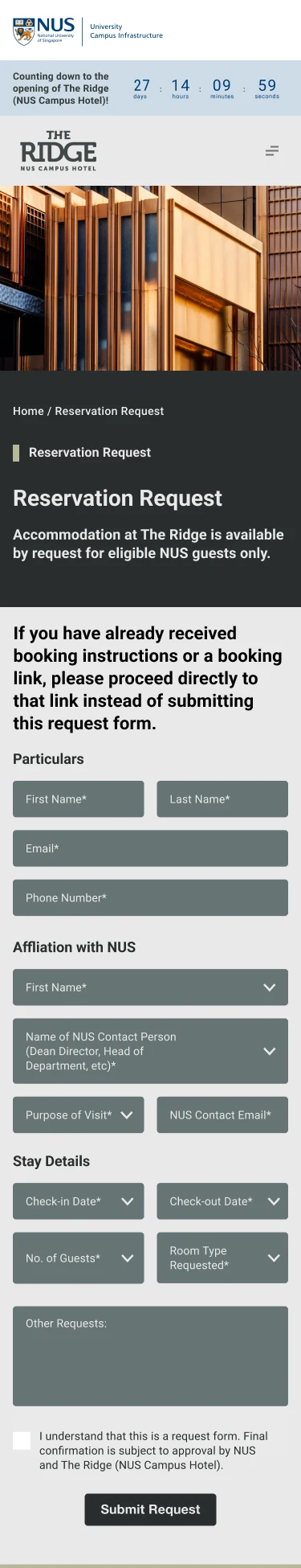 Mobile reservation request form with particulars, NUS affiliation and stay details