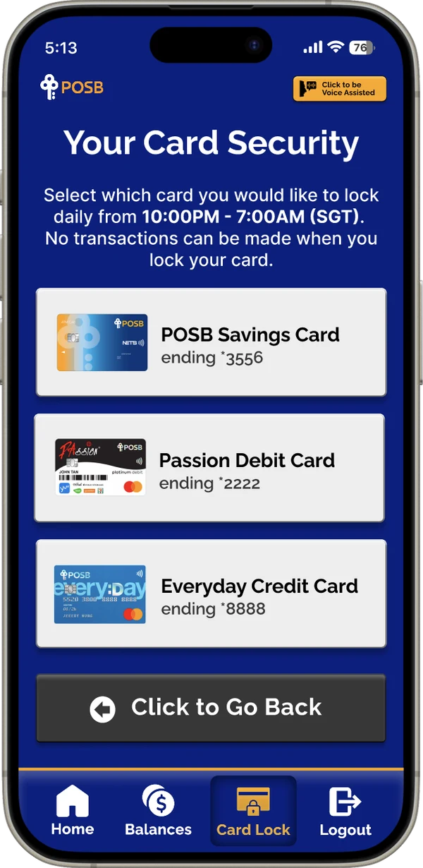 Card security screen listing three cards