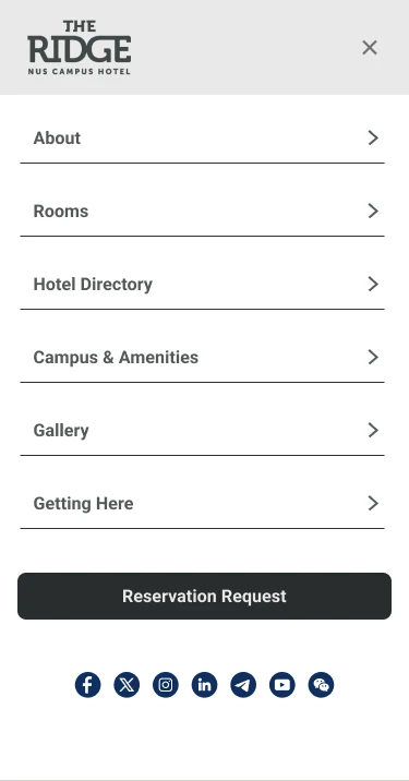 Mobile menu: About, Rooms, Hotel Directory, Campus and Amenities, Gallery, Getting Here, with Reservation Request button