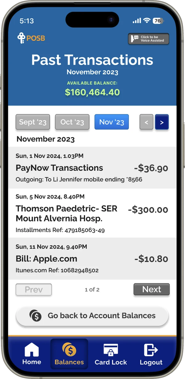 Past transactions screen with month buttons