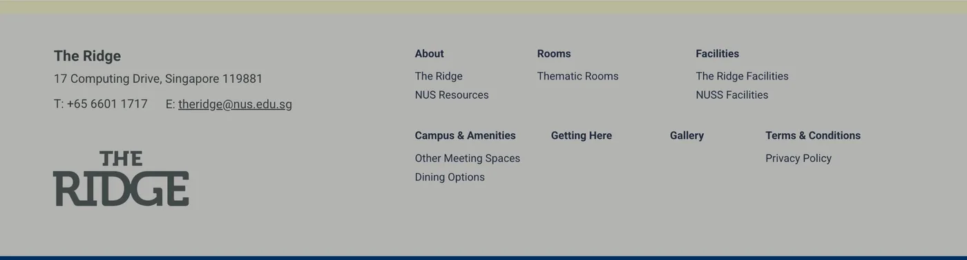 Footer repeating the full site map: About, Rooms, Facilities, Campus and Amenities, Getting Here, Gallery
