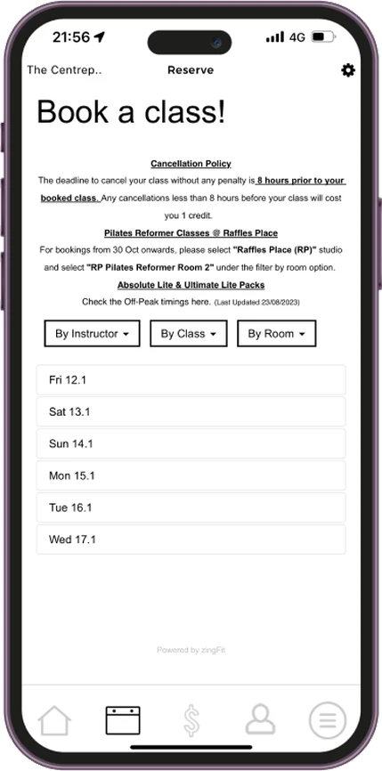 Current Book a class screen: dense policy text, three dropdown filters and a plain list of dates