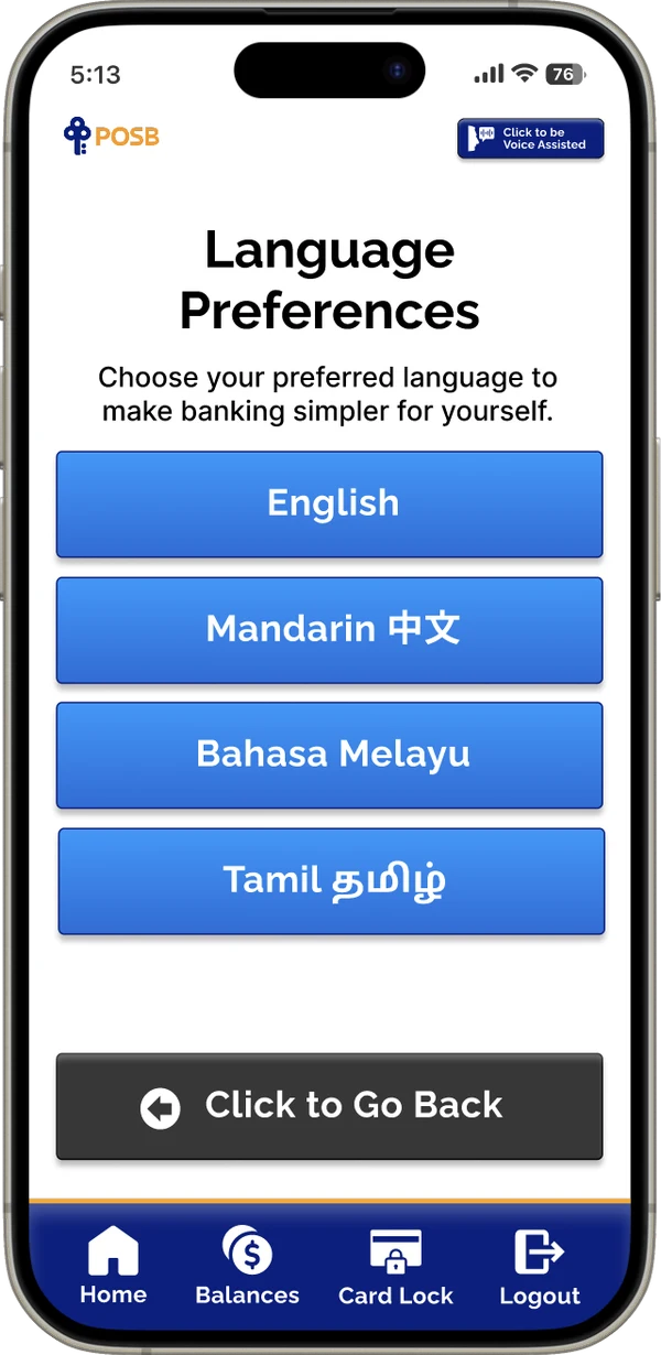 Language preference screen with four languages