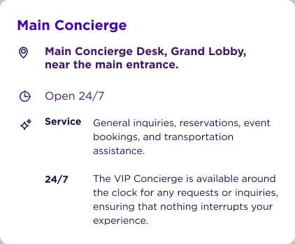 Map pop-up for the Main Concierge: location, open 24/7 and services