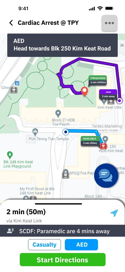 Map with AED route and availability