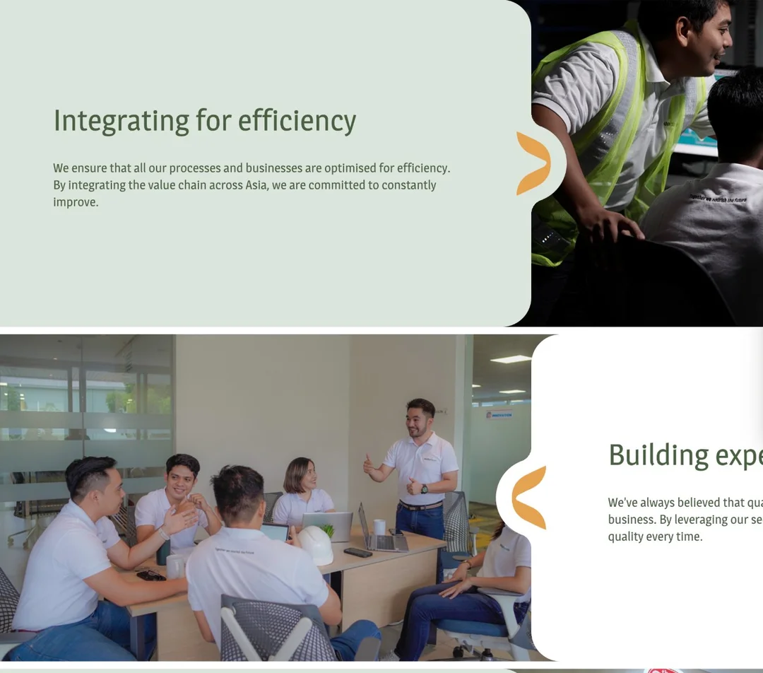 Two About page blocks: a sage text panel and a photo, joined by a notch holding the brand's orange chevron