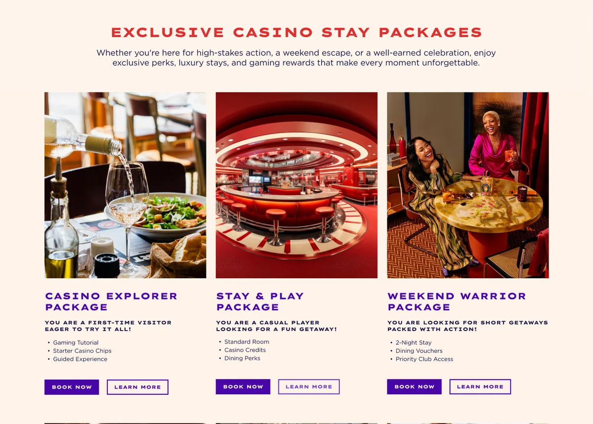 Exclusive Casino Stay Packages: Casino Explorer, Stay and Play, and Weekend Warrior, each with a guest description, perks and buttons