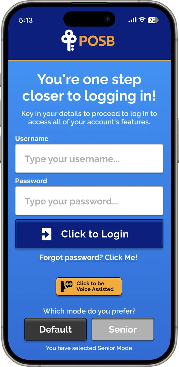 Login screen with a Default / Senior mode toggle