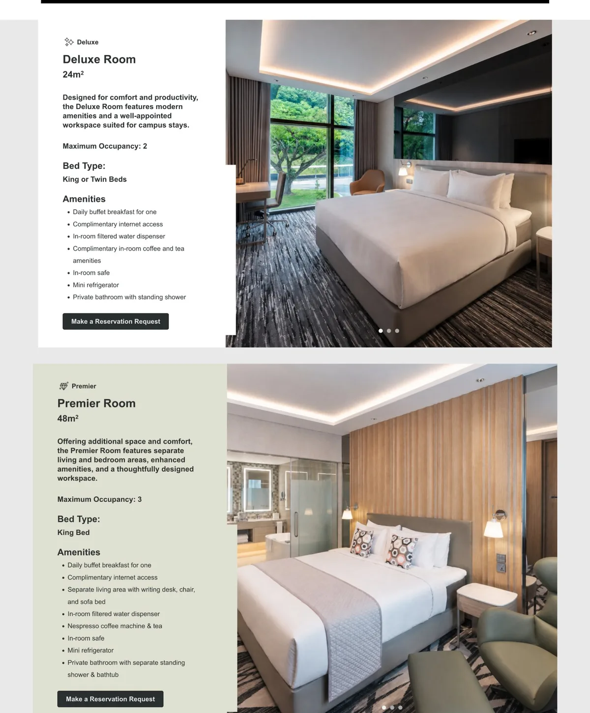 Rooms page showing Deluxe and Premier room cards with size, occupancy, bed type and amenities