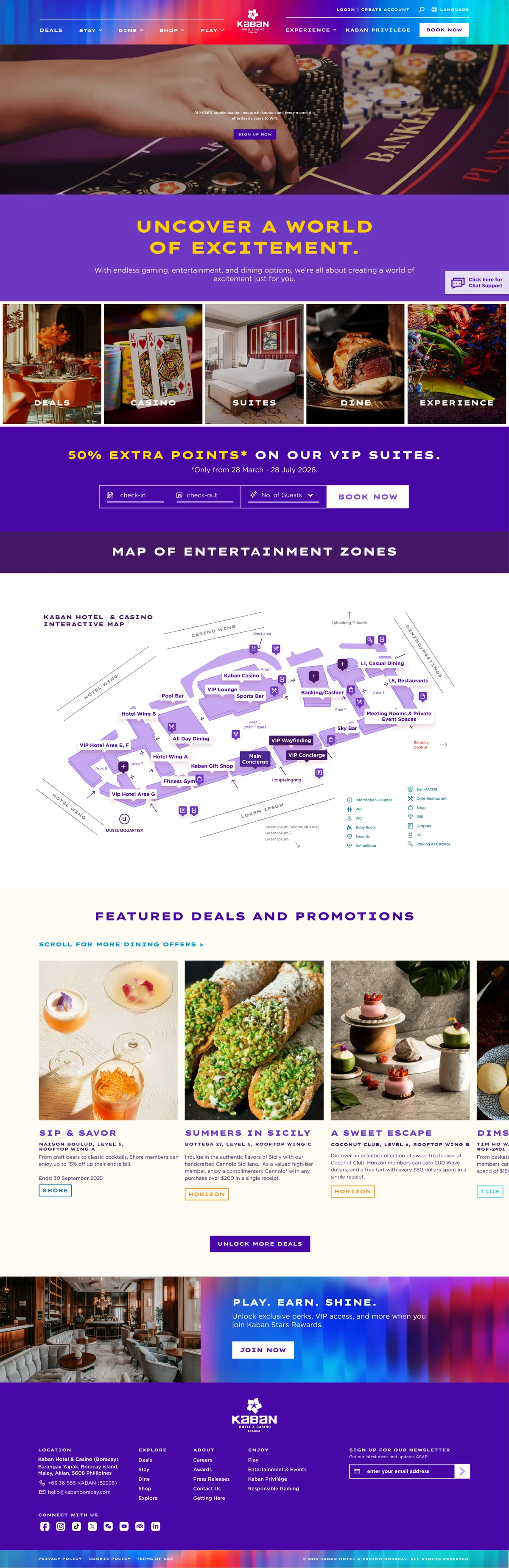 Full Kaban homepage: casino hero, quick links, booking bar, interactive map, featured deals and footer