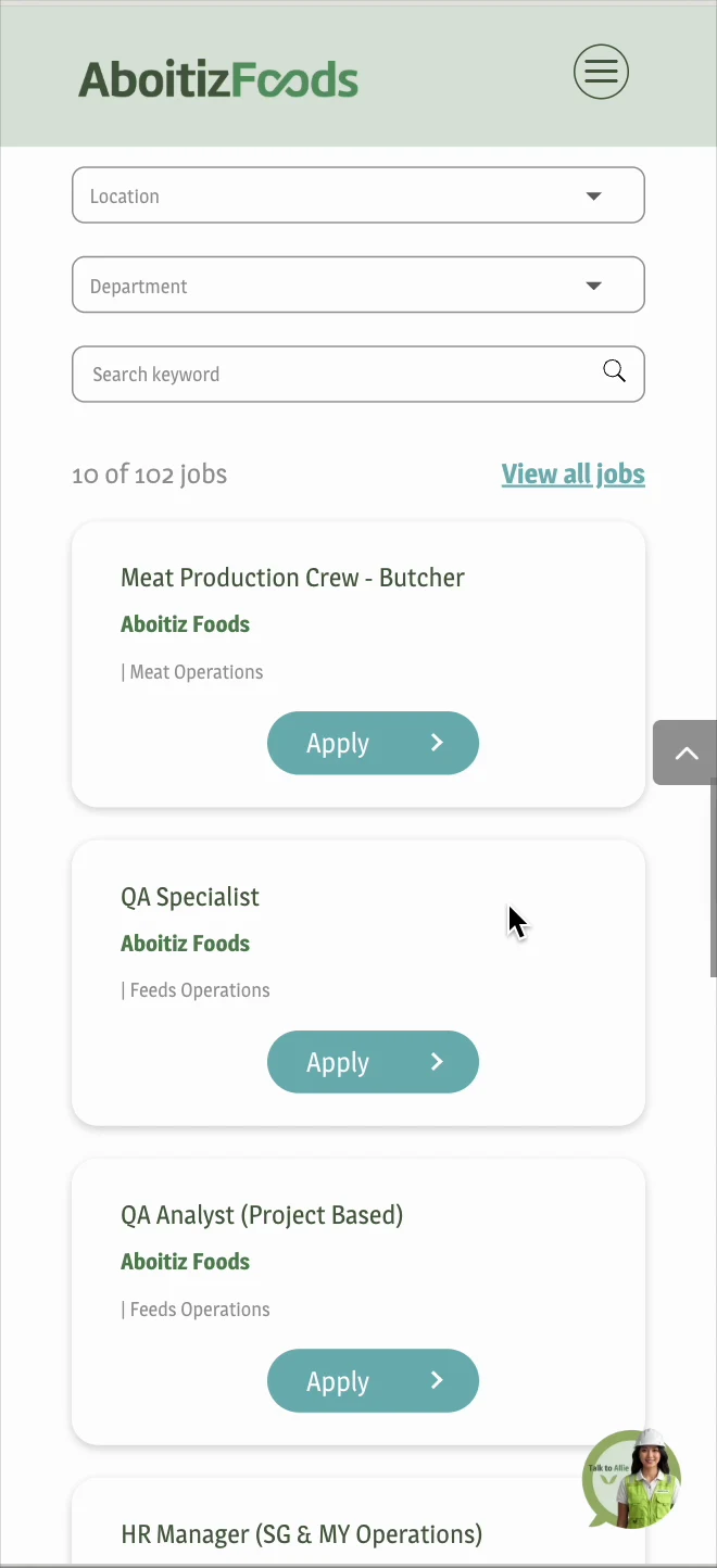 Mobile careers list: location and department filters, keyword search, 10 of 102 jobs, each with an Apply button